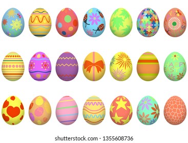Easter. Set of colorful realistic Easter eggs with patterns. Decoration for the holiday. Isolated on white background. Vector illustration. EPS10