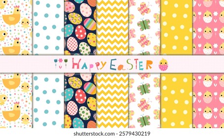 Easter set with colorful vector seamless patterns with chicken, hens, painted eggs, flower and chevron designs