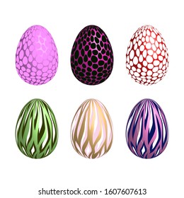 Easter set with colorfun ornate eggs isolated on white background. Design for card, postcard, wallpaper, posters. Vector stock illustration. 3d collection.