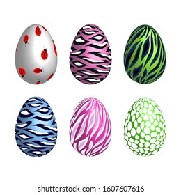 Easter set with colorfun ornate eggs isolated on white background. Design for card, postcard, wallpaper, posters. Vector stock illustration. 3d collection.
