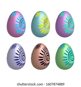 Easter set with colorfun ornate eggs isolated on white background. Design for card, postcard, wallpaper, posters. Vector stock illustration. 3d collection.