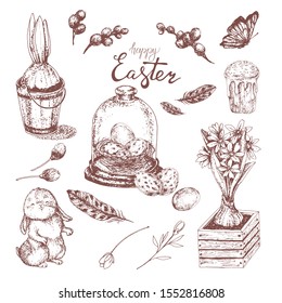Easter set, consisting of an inscription, a rabbit, pussy-willow branches, bulbs and flowers of a geacinth, a nest with eggs, feathers. Made on paper with a pen, in the form of a black outline. Vector
