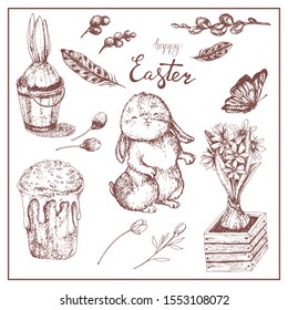 Easter set consisting of an inscription, a rabbit, a pussy-willow twig, bulbs and flowers of geacinta, feathers. Vintage. Graphic arts.
