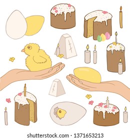 Easter set containing easter cakes, curd easter, candles,  easter eggs and chicks.