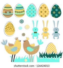 Easter set. Contains 7 traditional detailed eggs, flowers, 2 birds, 3 rabbits and grass.