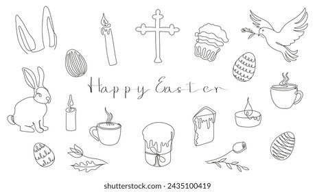Easter Set in continuous one line style with design elements like bunny, eggs, dove, candles, cross, Easter cakes, steaming mugs, flowers. Black and white Vector isolated on white. Clipart.