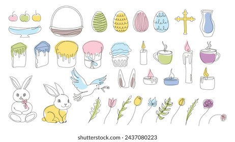Easter Set in continuous one line style with design elements like bunny, eggs, dove, candles, cross, Easter cakes, mugs, flowers. Colorful vector on white. Clipart. For greeting card, textile, print