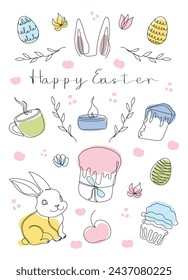 Easter Set in continuous one line style with design elements like bunny, eggs, dove, candle, cross, Easter cake, mug, flowers. Vector. Clipart. Easter card with Happy Easter greeting. Textiles, print
