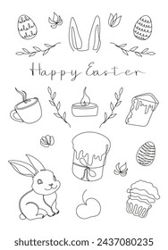 Easter Set in continuous one line style with design elements like bunny, eggs, dove, candle, cross, Easter cake, mug, flowers. Black Vector on white. Clipart. Easter card with Happy Easter greeting