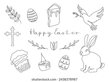 Easter Set in continuous one line style with design elements like bunny, eggs, dove, candle, cross, Easter cake, flowers. Black and white vector. Clipart. Easter card with Happy Easter greeting. Print