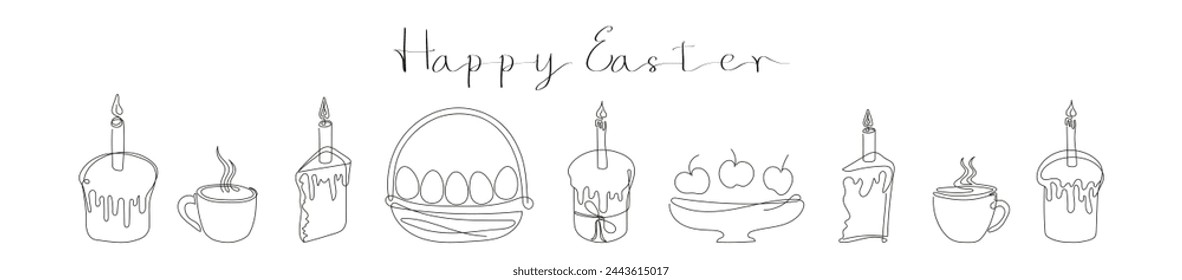 Conjunto de Pascua en estilo continuo de una línea con elementos de diseño como pasteles de Pascua con velas encendidas, cesta de mimbre con huevos pintados, tazas humeantes. Feliz Pascua. Comida festiva. Blanco y negro.