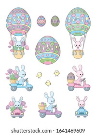 Easter set with cute bunnies, chickens and eggs. Colorful vector illustrations isolated on a white background.