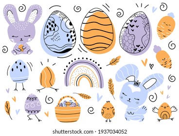 Easter set of cute bunnies, chickens, eggs, baskets, rainbows, carrots and ornaments. Ideal for postcards, invitations, sticker sets, posters, scrapbooking, tags. Flat hand-drawn vector illustration.