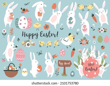 Easter set with cute bunnies, chickens, and easter eggs. Perfect for scrapbooking, sticker kit, tags, greeting cards, party invitations. Hand drawn vector illustration.