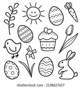 Pascua con lindo conejito, pollo, huevos, torta de Pascua, sol, zanahoria, sauce, tulipán, narciso. Estilo de esbozo dibujado a mano. Ilustración vectorial en estilo de línea de doodle.