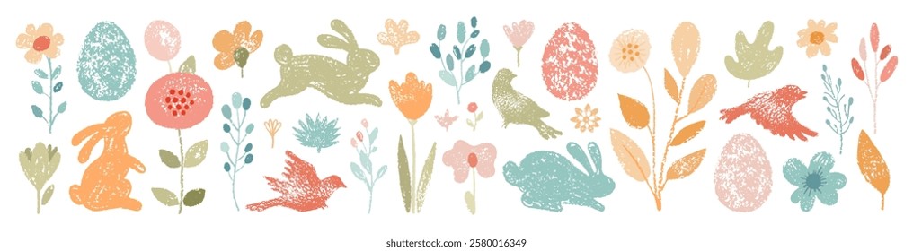 Easter set with cute bunny, egg and flower. Crayon kid rabbit, bird chick, leaf. Hand drawn cartoon vector. Spring drawing. Happy Easter cute illustration. Pastel chalk clipart. Bunny egg flower chick