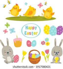 Easter set with cute bunny, eggs, chickens, bees, butterflies. Flat cartoon elements.Vector illustration