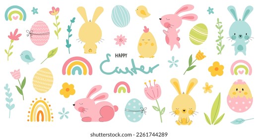 Easter set with cute bunny, eggs, rainbow, flowers