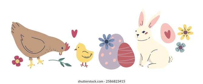 Easter set with cute bunny, eggs, flowers.