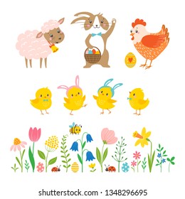 Easter set of cute  bunny, lamb, hen, chickens and spring flowers.