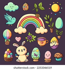Set de Pascua - lindo conejito de dibujos animados, arco iris, huevos, flores, sol, pájaro personaje, otros elementos de diseño de Pascua. Colección vectorial de arte infantil para primavera de vacaciones , tarjeta, afiche de estilo retro vintage