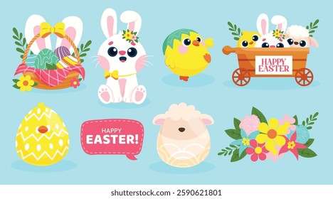 Easter set of cute cartoon characters and decorative items, including bunnies, chicks, eggs, and flowers.