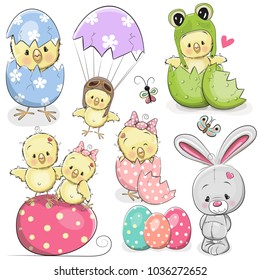 Easter Set With Cute Cartoon Chicken And Rabbit