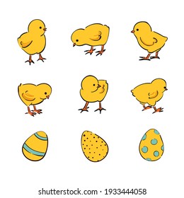 Easter set of cute cartoon chickens. Vector illustration of chicks