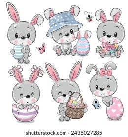 Easter set with Cute Cartoon Rabbits on a white background