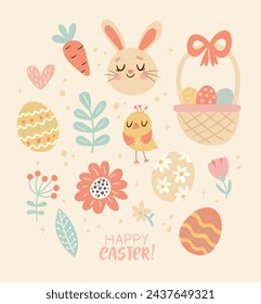 Easter set with cute characters and flowers