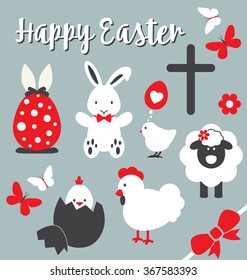 Easter set - cute characters, rabbit, chicken, sheep and other elements collection