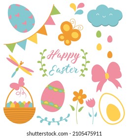 Easter set of cute design elements. Easter paraphernalia: Easter bunny, chick, flowers, lettering, Easter eggs, egg basket, clouds with falling eggs, butterfly. Suitable for greeting cards, banner 