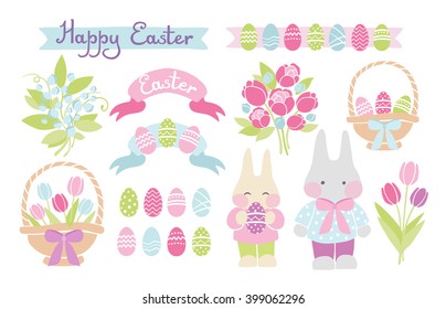 Easter set. Cute design stickers. Easter bunny, painted eggs, ribbons, baskets, flowers, lettering. For decorating postcards, posters, layout, congratulations. Hand drawing. Pastel colors. Vector art.