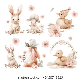 Easter set with cute ducklings, chicks, flowers and Easter eggs. Vector watercolor illustration of gentle Easter bunnies