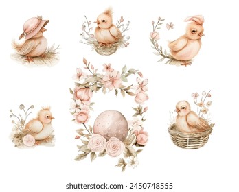 Set de Pascua con lindos patitos, pollitos, flores y huevos de Pascua. Ilustración de acuarela de Vector de conejos de Pascua suaves