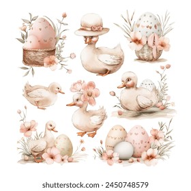 Easter set with cute ducklings, chicks, flowers and Easter eggs. Vector watercolor illustration of gentle Easter bunnies