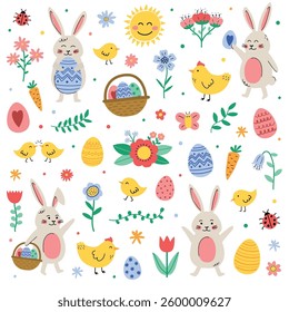 Easter set with cute elements: bunny, chick, egg and flower. Cartoon style characters. Vector illustration