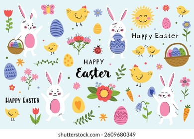 Easter set with cute elements: bunny, chick, egg and flower. Cartoon style characters. Vector illustration