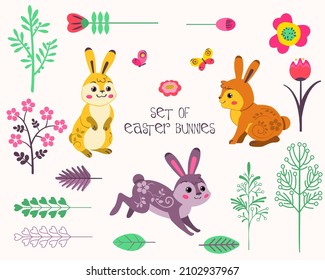 Easter set of cute and funny bunnies. Floral elements for brushes. Flat vector isolated on white background.