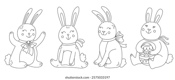 Easter set with cute funny little bunnies o rabbits. Hand drawn  doodle style, black outline, ideal for coloring book. Vector illustration.