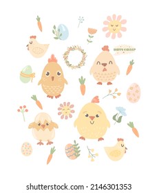 Fiesta de Pascua. Gallinas con la mano. Ilustración de huevos de Pascua. Decoración de Semana Santa