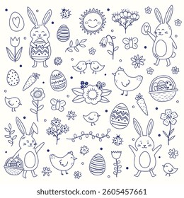 Easter set with cute hand drawn elements: bunny, chick, egg and flower. Cartoon style characters. Vector illustration