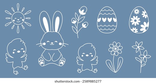 Easter set. Cute Hand-Drawn Easter Bunny, Chicks, Sun, Flowers, and Decorated Eggs. Editable Stroke. Adorable Spring Holiday Vector Illustration in Minimalist Line Art Style