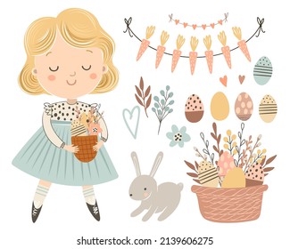 Easter set with cute little girl, Easter eggs, bunny, garland and basket with flowers. Spring hand drawn vector illustration.