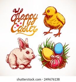 Easter set with cute rabbit, chicken and nest with colored eggs. Hand-drawn illustration