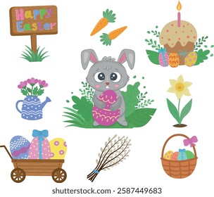 Easter set with cute rabbit, eggs, cake, chicken, carrots, flowers. A charming Easter set with traditional festive decor and calligraphic inscriptions.