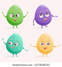 Easter set of cute smiling eggs in cartoon style. Concept design for the Easter holidays.