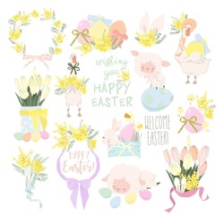 Easter Set With Cute White Bunnies, Gooses, Sheeps And Easter Eggs