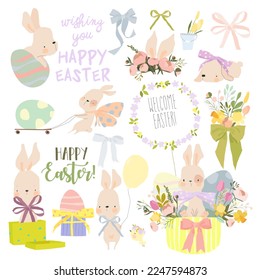 Easter Set with Cute White Bunnies, Eggs and Flowers