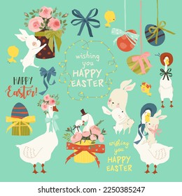 Easter Set with Cute White Bunnies, Gooses and Easter Eggs